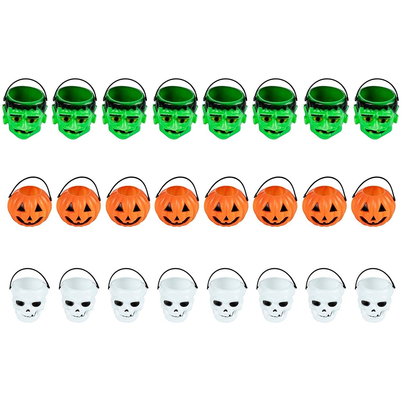 BLUE PANDA 24 Pack Mini Halloween Buckets, Small Candy Buckets for Trick or Treat, Tiny Halloween Buckets with Jack-O-Lantern, Skull, and Frankenstein Designs for Kids’ Loot Bags, Goodies and Favors